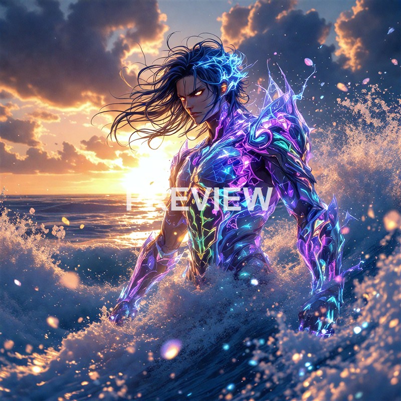 A fantastical, humanoid figure with glowing, electric-like armor standing in the ocean during sunset, with waves splashing around and a dramatic sky in the background.
